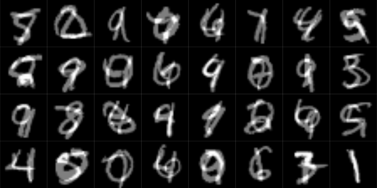 Thirty-two digits, each overlayed with another digit, which is displayed with the same intensity.