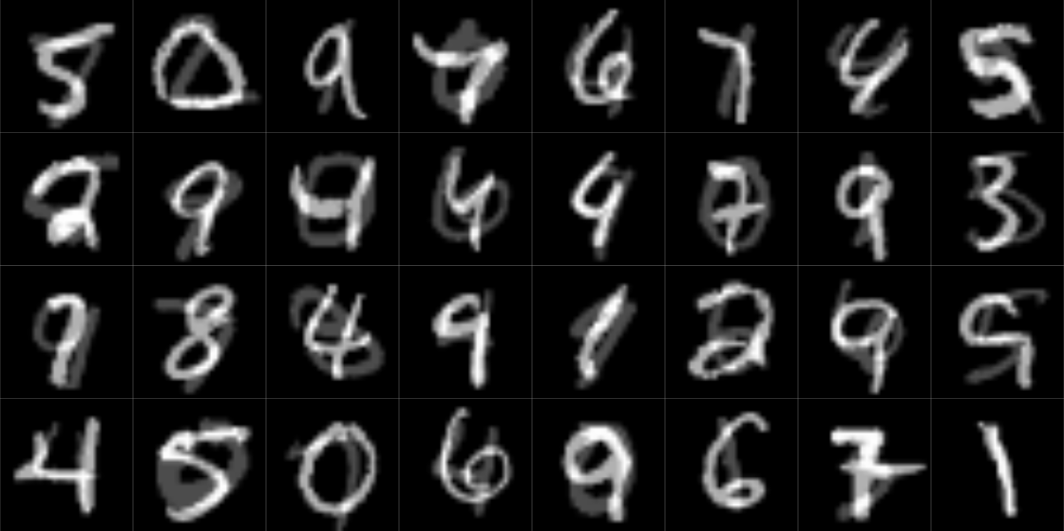 Thirty-two bold and rather clearly visible digits, each overlayed with another digit, which is visible but not as easy to classify.